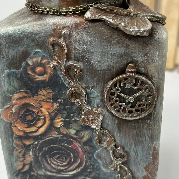 Hand Crafted One of a Kind Gothic Decorative Bottle with Roses and Skull - Picture 9 of 15